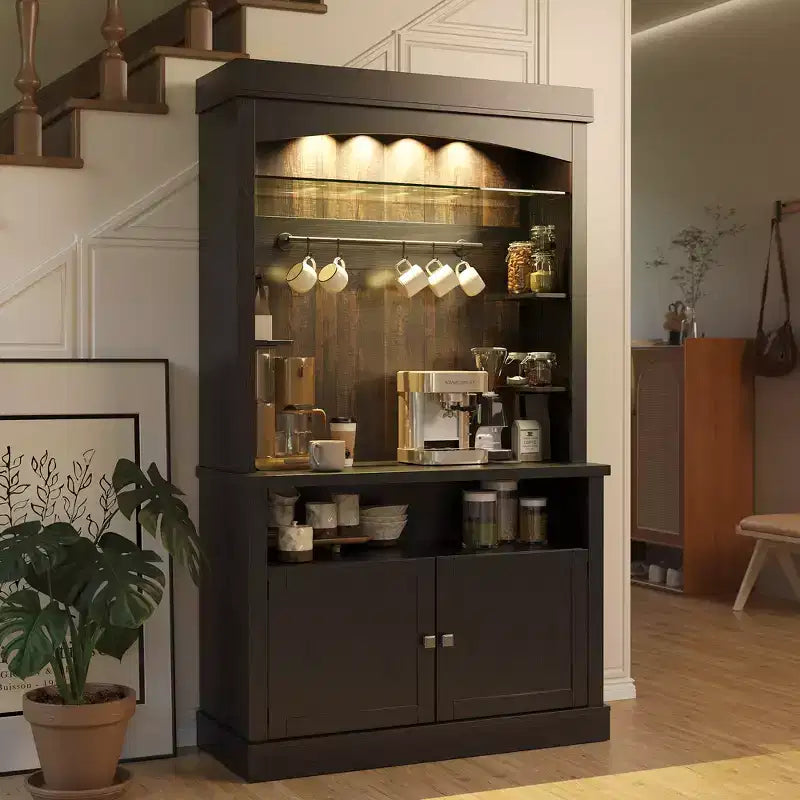 COZONY 72 Mobile bar da caffè alto con luci a LED, credenza a buffet rustica con contenitore, portabottiglie e supporto per microonde per cucina e sala da pranzo