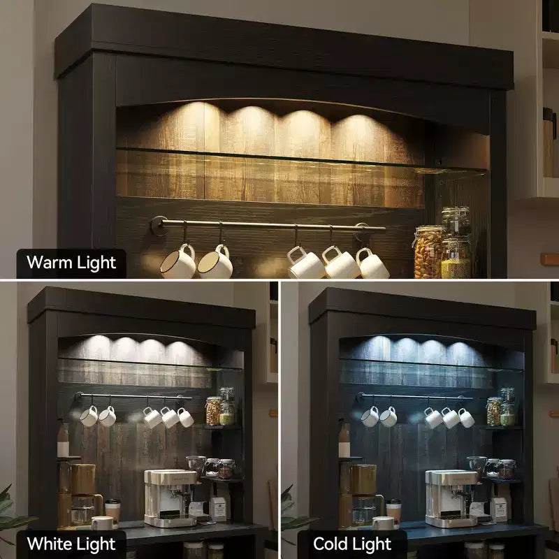 COZONY 72 Mobile bar da caffè alto con luci a LED, credenza a buffet rustica con contenitore, portabottiglie e supporto per microonde per cucina e sala da pranzo