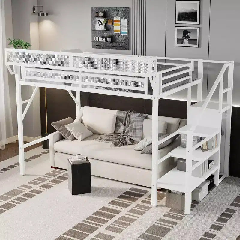 Letto a soppalco bianco Twin XL con scale in metallo, letto a soppalco completo con ripiani e armadio per bambini e ragazzi