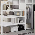 Letto a soppalco bianco Twin XL con scale in metallo, letto a soppalco completo con ripiani e armadio per bambini e ragazzi
