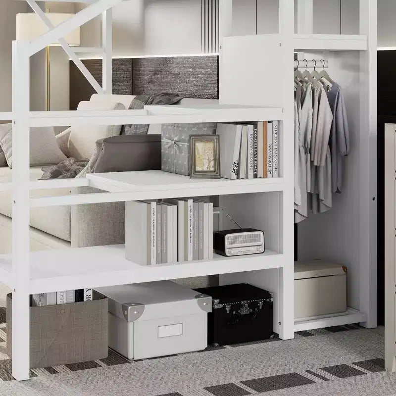 Letto a soppalco bianco Twin XL con scale in metallo, letto a soppalco completo con ripiani e armadio per bambini e ragazzi