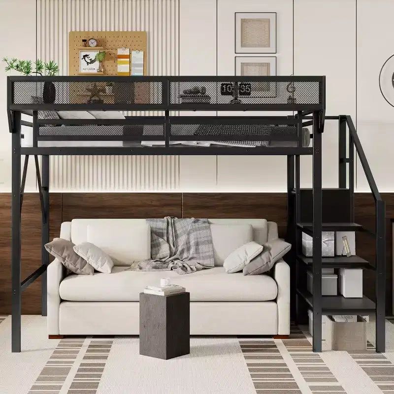 Letto a soppalco bianco Twin XL con scale in metallo, letto a soppalco completo con ripiani e armadio per bambini e ragazzi