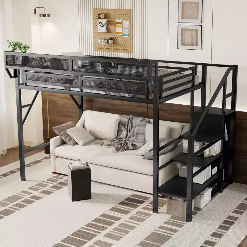 Letto a soppalco bianco Twin XL con scale in metallo, letto a soppalco completo con ripiani e armadio per bambini e ragazzi
