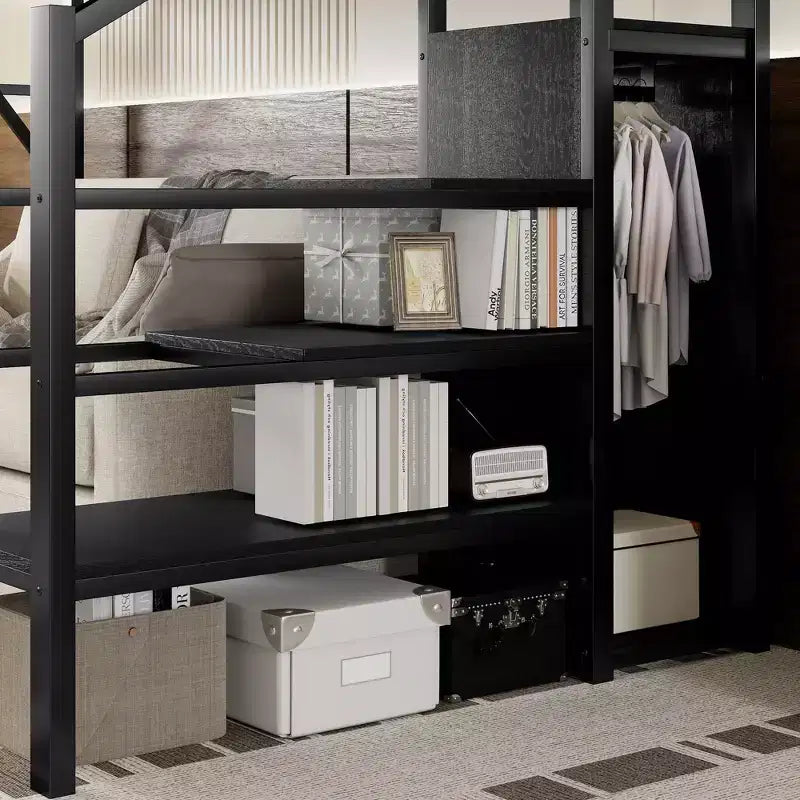Letto a soppalco bianco Twin XL con scale in metallo, letto a soppalco completo con ripiani e armadio per bambini e ragazzi