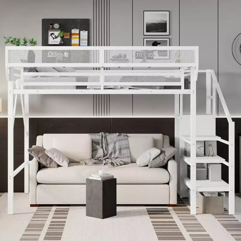 Letto a soppalco bianco Twin XL con scale in metallo, letto a soppalco completo con ripiani e armadio per bambini e ragazzi
