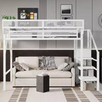 Letto a soppalco bianco Twin XL con scale in metallo, letto a soppalco completo con ripiani e armadio per bambini e ragazzi