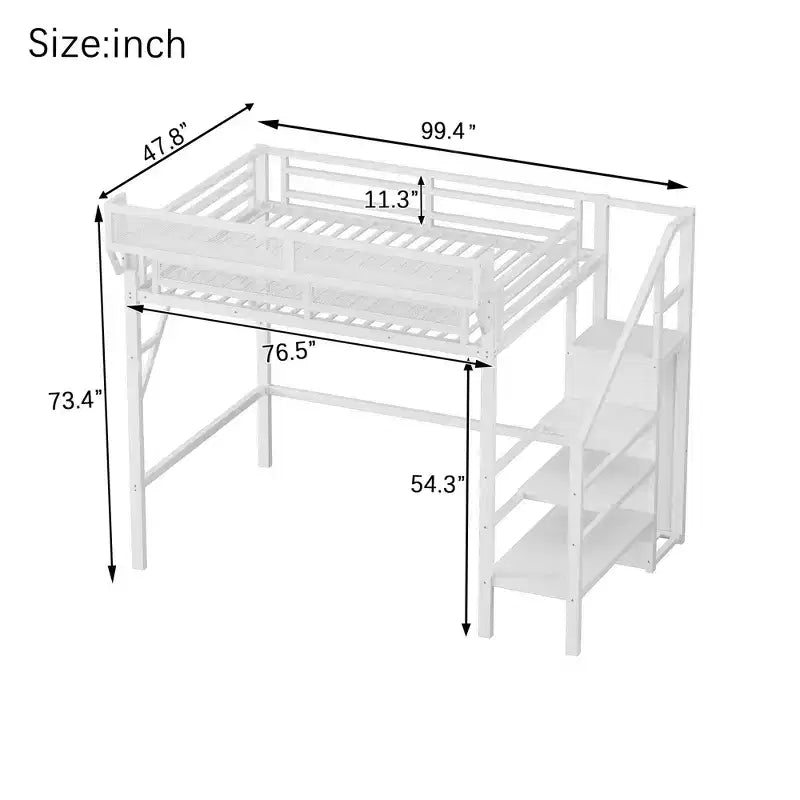 Letto a soppalco bianco Twin XL con scale in metallo, letto a soppalco completo con ripiani e armadio per bambini e ragazzi
