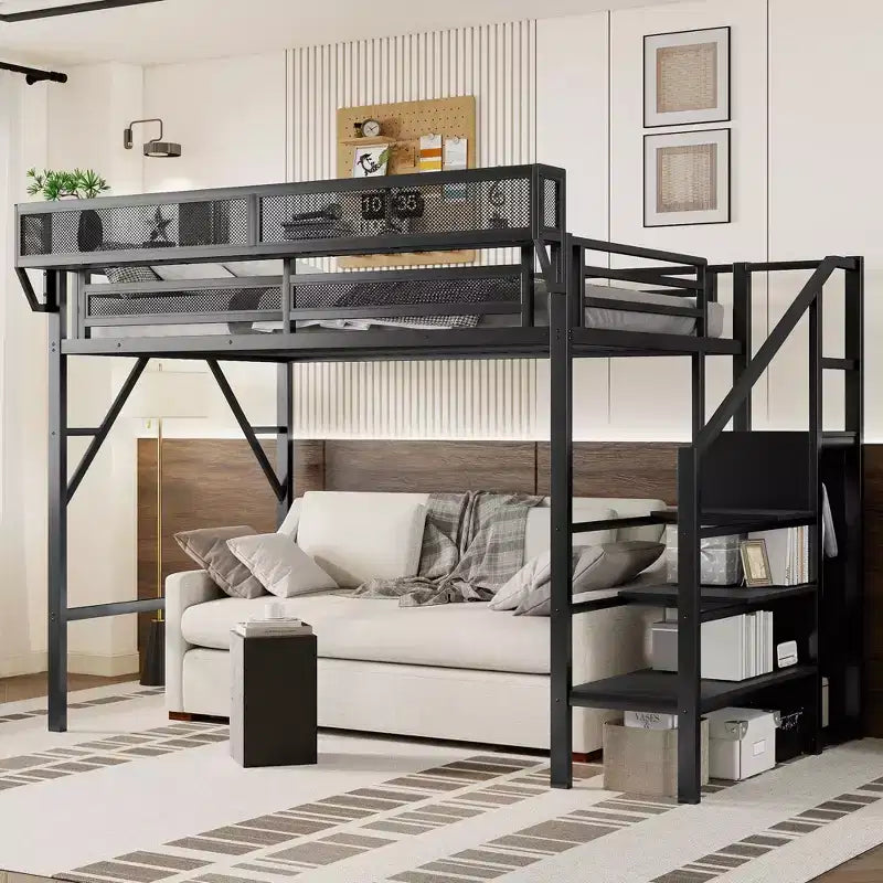 Letto a soppalco bianco Twin XL con scale in metallo, letto a soppalco completo con ripiani e armadio per bambini e ragazzi