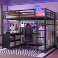 Metal Loft Bed with Wardrobe and L-shaped Desk, Full Size Loft Bed with Storage Cubes and Shelves, Loft Bed for Kids Teens Adults, Black
