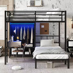 Letto a castello in metallo una piazza e mezza su letto singolo con scrivania pieghevole, armadio con LED, salvaspazio/rumore ridotto, nero