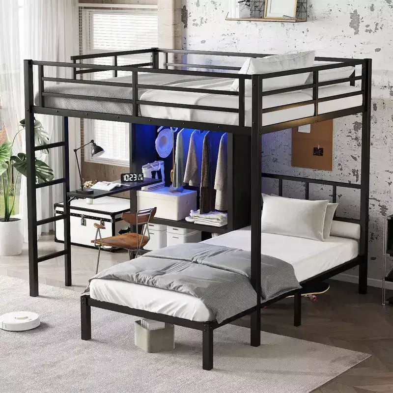 Letto a castello in metallo una piazza e mezza su letto singolo con scrivania pieghevole, armadio con LED, salvaspazio/rumore ridotto, nero