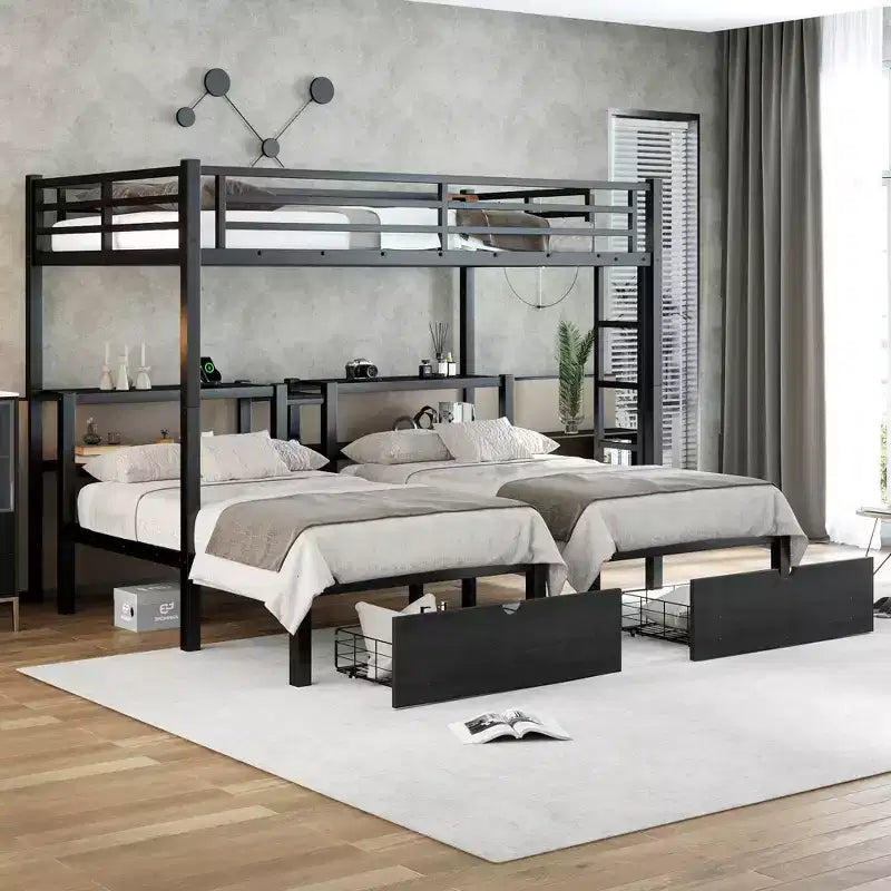 Letto a castello triplo Full XL su Twin & Twin con cassetti, letto con struttura in metallo multifunzionale, testata del letto con mensole e USB, nero
