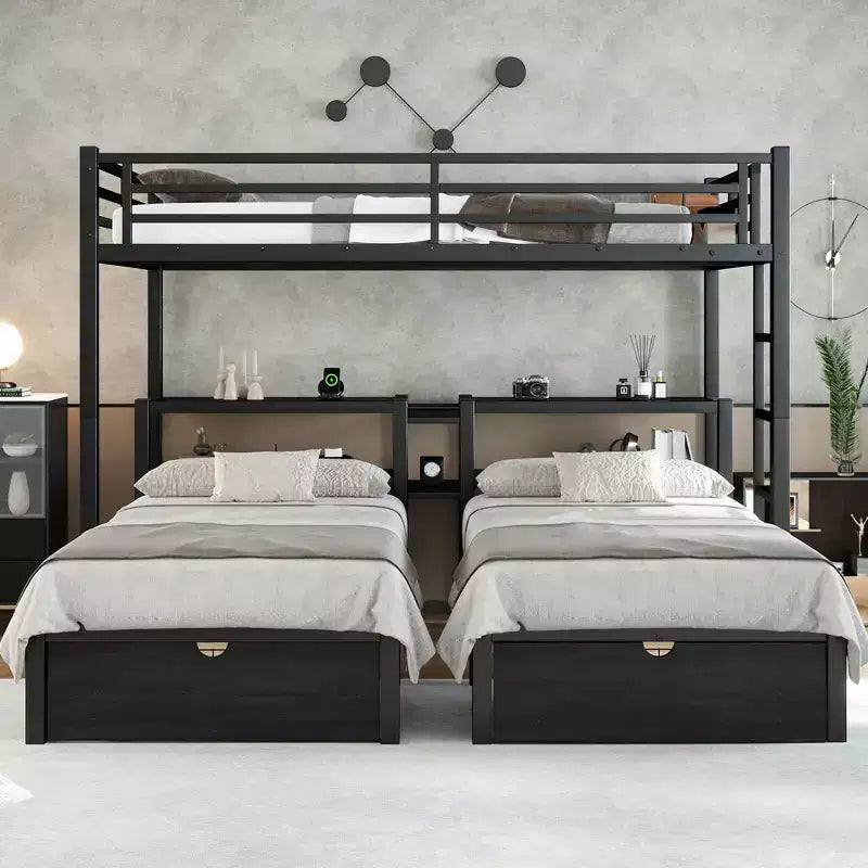 Letto a castello triplo Full XL su Twin & Twin con cassetti, letto con struttura in metallo multifunzionale, testata del letto con mensole e USB, nero