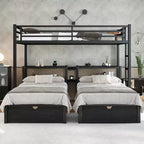 Letto a castello triplo Full XL su Twin & Twin con cassetti, letto con struttura in metallo multifunzionale, testata del letto con mensole e USB, nero