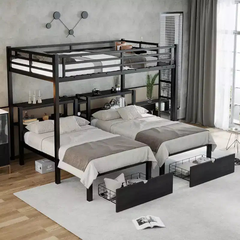 Letto a castello triplo Full XL su Twin & Twin con cassetti, letto con struttura in metallo multifunzionale, testata del letto con mensole e USB, nero