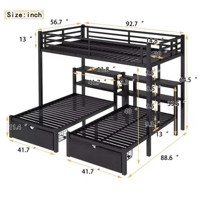 Letto a castello triplo Full XL su Twin & Twin con cassetti, letto con struttura in metallo multifunzionale, testata del letto con mensole e USB, nero