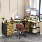 Scrivania da ufficio a L industriale Okak 114IN, scrivania per computer con 6 cassetti, 3 ripiani e supporti per monitor mobili, scrivania per casa, ufficio, marrone