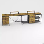Scrivania da ufficio a L industriale Okak 114IN, scrivania per computer con 6 cassetti, 3 ripiani e supporti per monitor mobili, scrivania per casa, ufficio, marrone