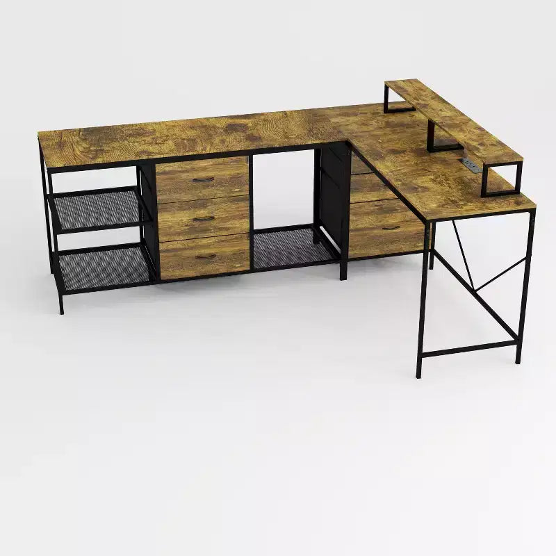 Scrivania da ufficio a L industriale Okak 114IN, scrivania per computer con 6 cassetti, 3 ripiani e supporti per monitor mobili, scrivania per casa, ufficio, marrone