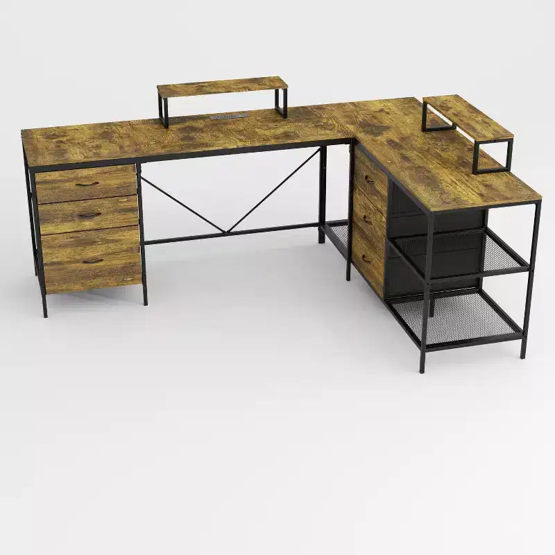 Scrivania da ufficio a L industriale Okak 114IN, scrivania per computer con 6 cassetti, 3 ripiani e supporti per monitor mobili, scrivania per casa, ufficio, marrone