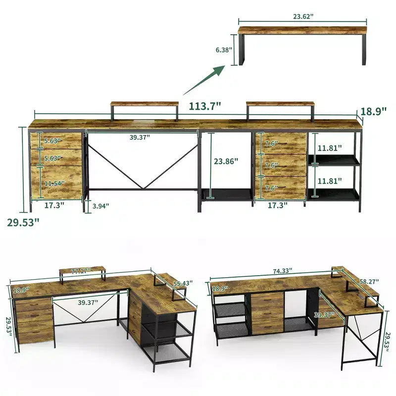 Scrivania da ufficio a L industriale Okak 114IN, scrivania per computer con 6 cassetti, 3 ripiani e supporti per monitor mobili, scrivania per casa, ufficio, marrone