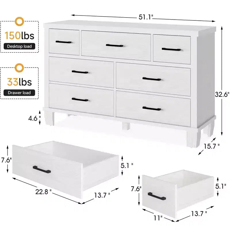 Comò a 7 cassetti, cassettiera moderna in legno per camera da letto con cassetti contenitori, mobile TV in stile rustico per soggiorno, camera da letto, corridoio, bianco