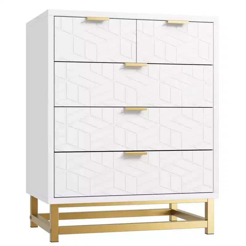 5-Drawer Dresser, Modern Wooden Bedroom Chest of Drawers With Storage Drawers, Farmhouse Style TV Stand for Living Room, Bedroom, Hallway, White