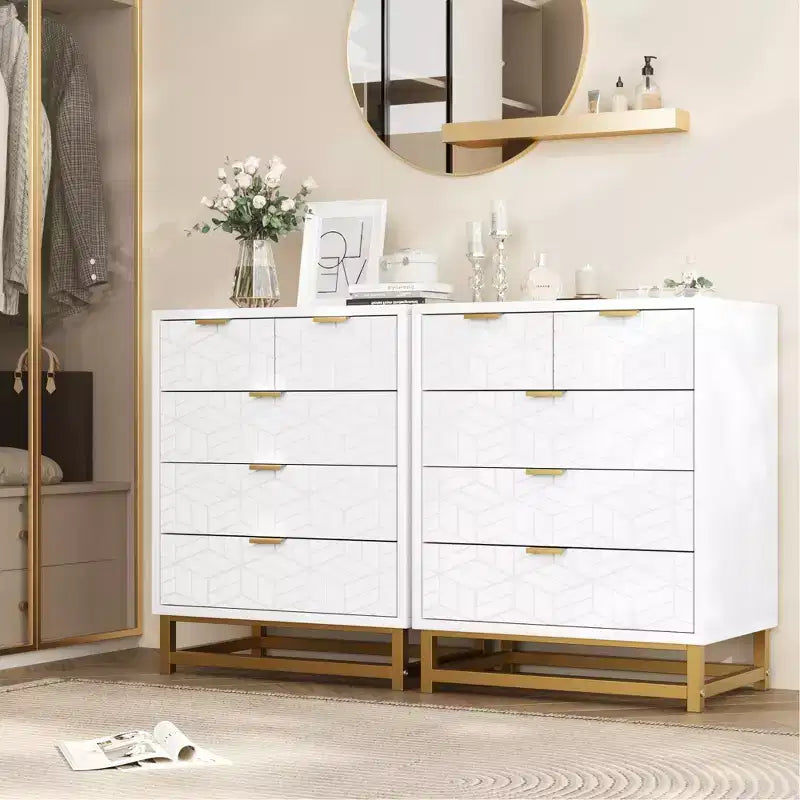 Cassettiera a 5 cassetti, cassettiera moderna in legno per camera da letto con cassetti contenitori, mobile TV in stile rustico per soggiorno, camera da letto, corridoio, bianco