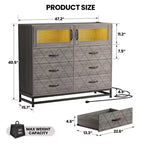 Cassettiera moderna a 6 cassetti, cassettiera a LED con porta di ricarica, comò in legno a 6 cassetti con ripiano aperto, mobile contenitore multifunzionale per camera da letto
