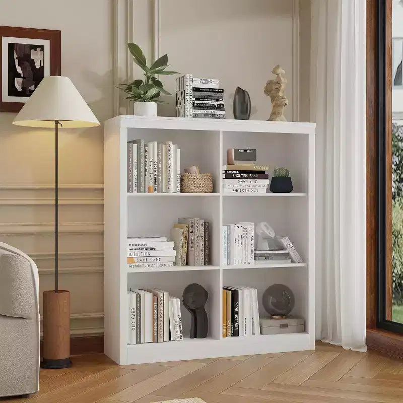 Scaffale organizer a 6 cubi, libreria alta 134 cm con dispositivo antiribaltamento, scaffale robusto in legno per soggiorno, camera da letto e ufficio