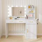Toeletta con Specchio, Luci LED e Presa di Corrente, Tavolo da Trucco con 3 Cassetti e Ripiani Contenitori, Scrivania per Camera da Letto, Cabina Armadio