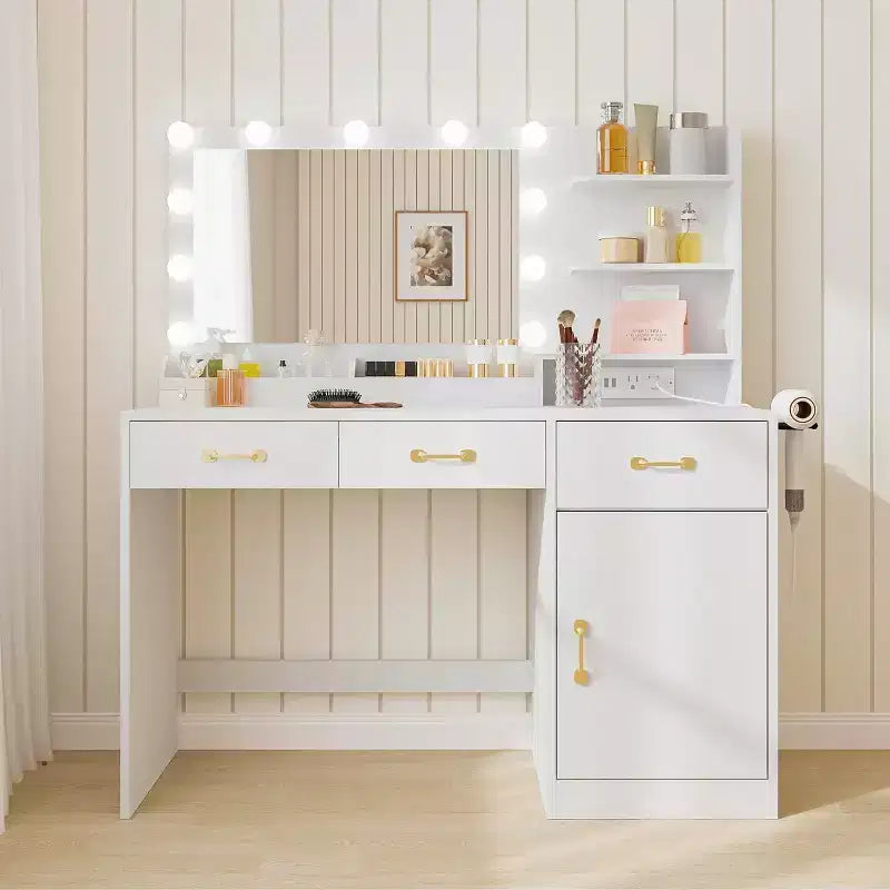 Toeletta con Specchio, Luci LED e Presa di Corrente, Tavolo da Trucco con 3 Cassetti e Ripiani Contenitori, Scrivania per Camera da Letto, Cabina Armadio