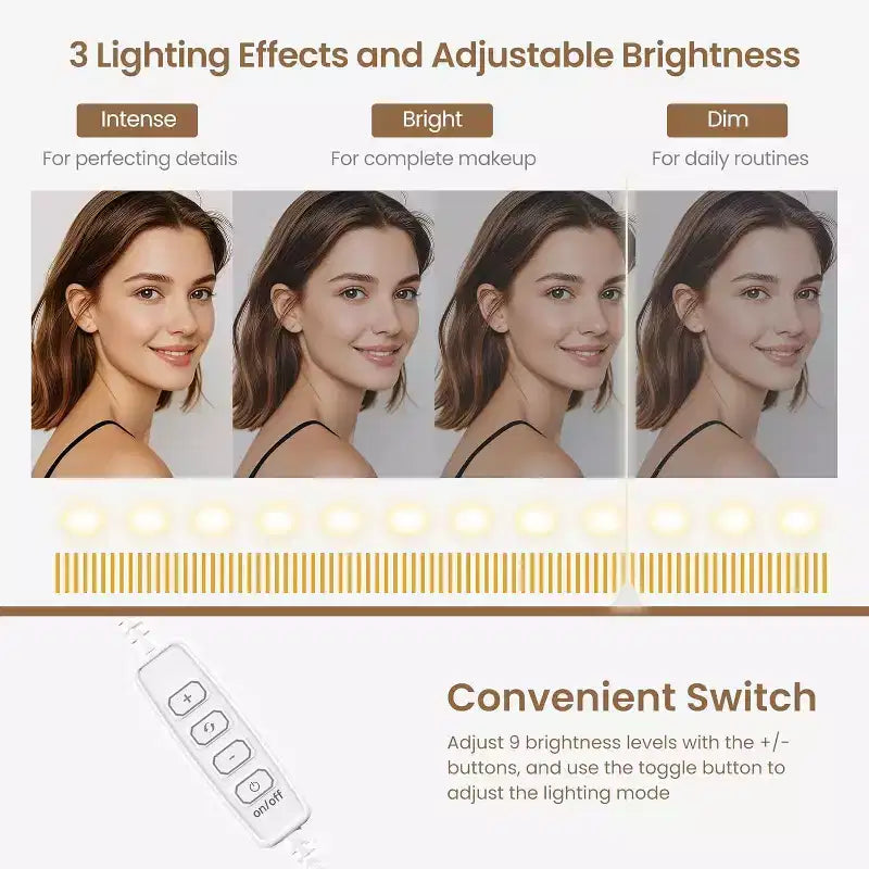 Toeletta con Specchio, Luci LED e Presa di Corrente, Tavolo da Trucco con 3 Cassetti e Ripiani Contenitori, Scrivania per Camera da Letto, Cabina Armadio