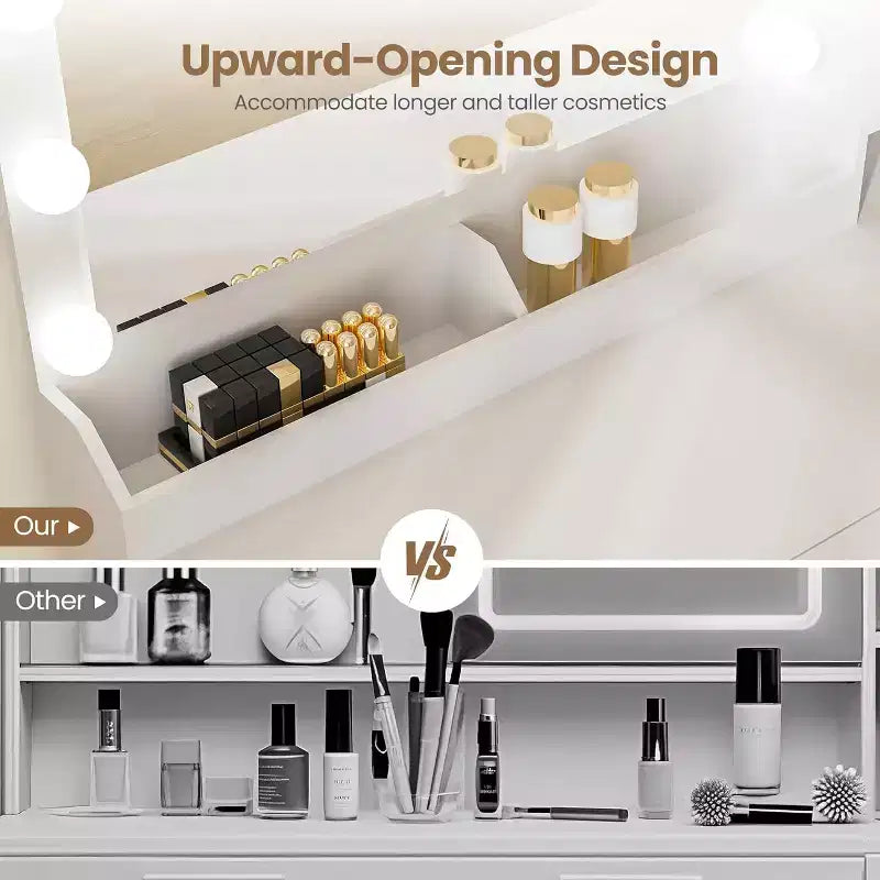 Toeletta con Specchio, Luci LED e Presa di Corrente, Tavolo da Trucco con 3 Cassetti e Ripiani Contenitori, Scrivania per Camera da Letto, Cabina Armadio