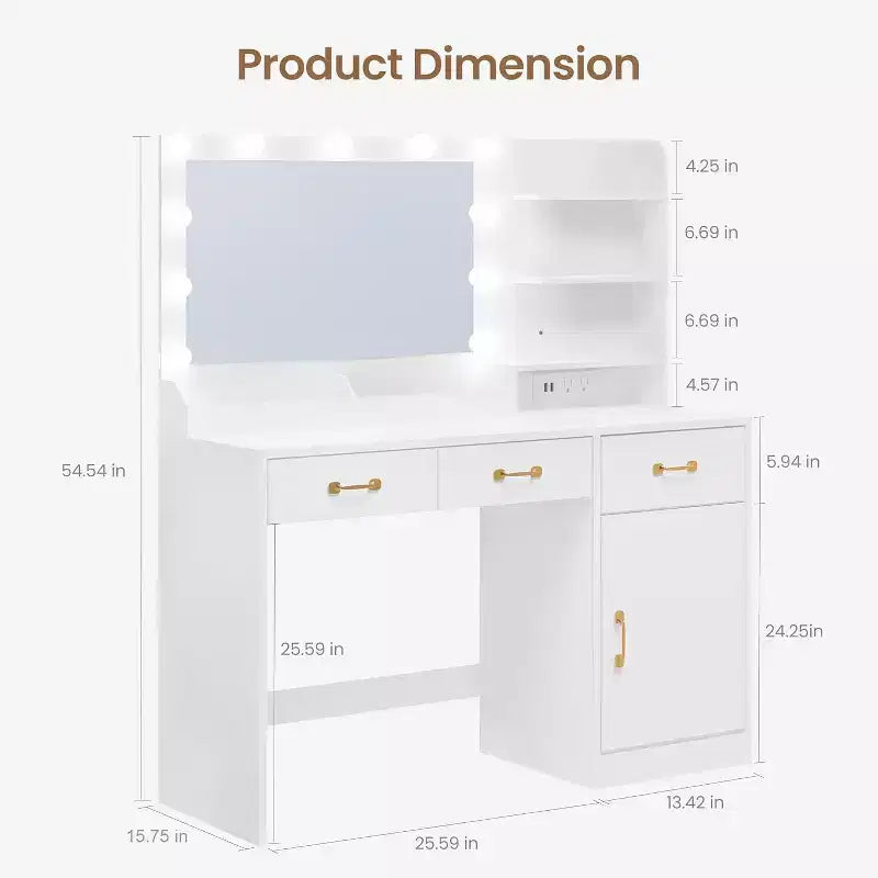 Toeletta con Specchio, Luci LED e Presa di Corrente, Tavolo da Trucco con 3 Cassetti e Ripiani Contenitori, Scrivania per Camera da Letto, Cabina Armadio