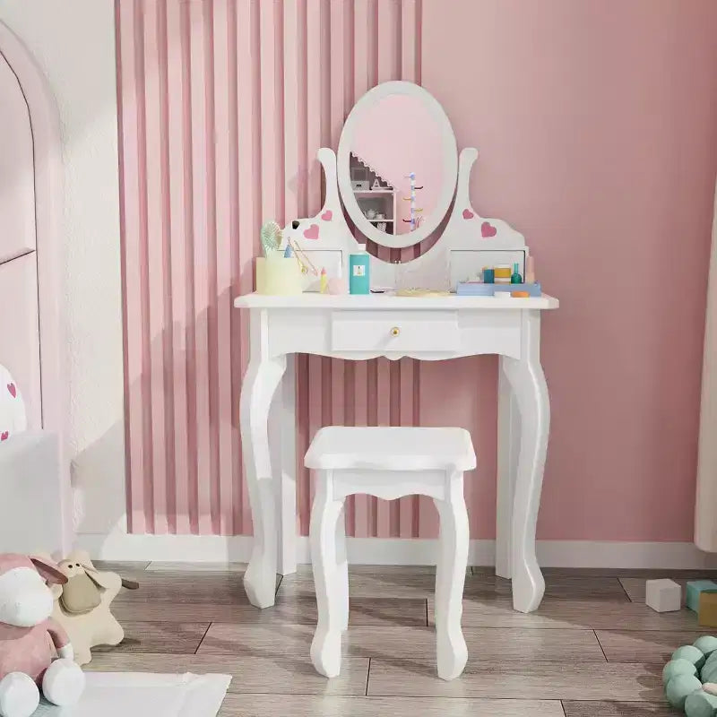 JOYMOR Toeletta per Bambini con 3 Cassetti, Tavolo da Trucco e Sedia da Principessa con Specchio Girevole per Ragazze