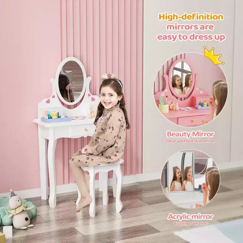 JOYMOR Toeletta per Bambini con 3 Cassetti, Tavolo da Trucco e Sedia da Principessa con Specchio Girevole per Ragazze