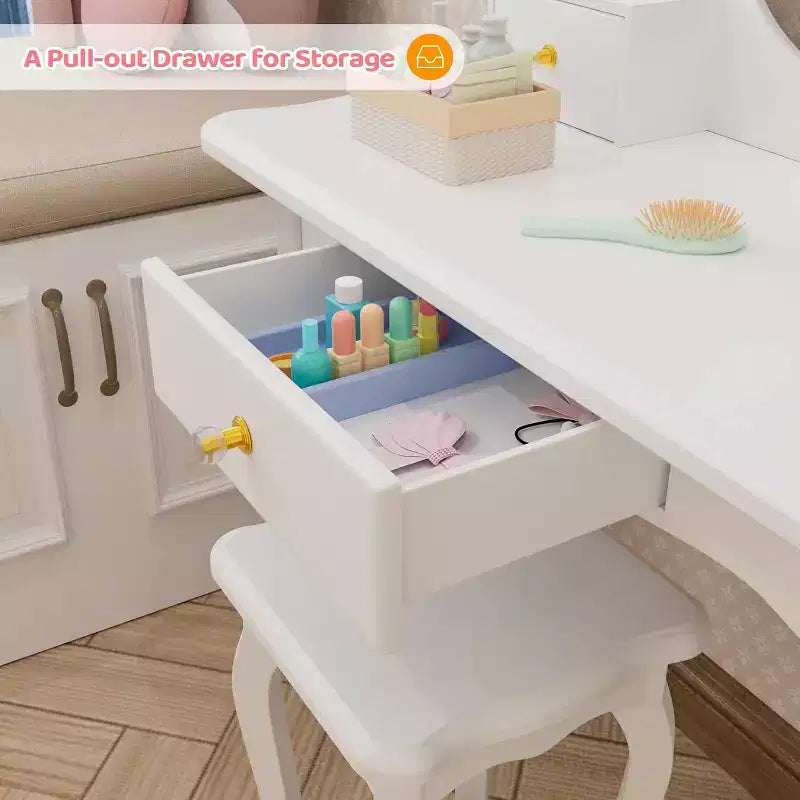 JOYMOR Toeletta per Bambini con 3 Cassetti, Tavolo da Trucco e Sedia da Principessa con Specchio Girevole per Ragazze