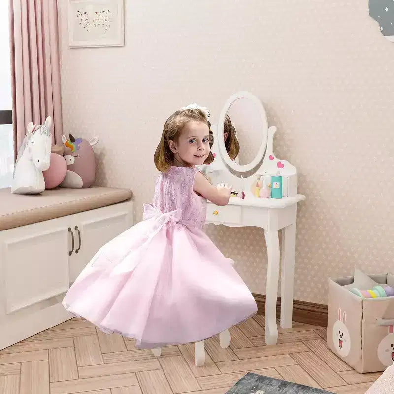 JOYMOR Toeletta per Bambini con 3 Cassetti, Tavolo da Trucco e Sedia da Principessa con Specchio Girevole per Ragazze