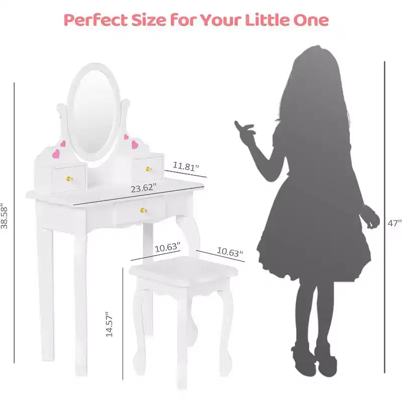 JOYMOR Toeletta per Bambini con 3 Cassetti, Tavolo da Trucco e Sedia da Principessa con Specchio Girevole per Ragazze