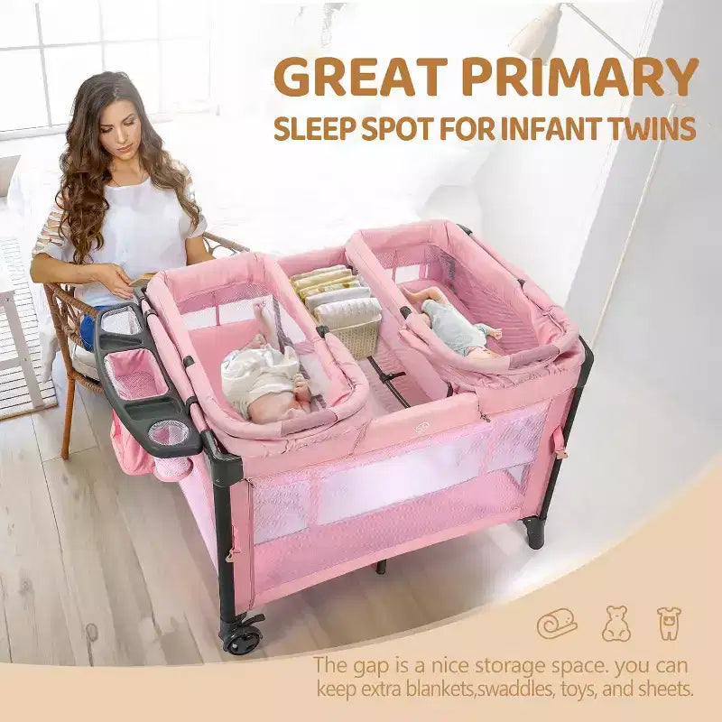 Culla Gemellare JOYMOR per Neonati, Culla Rosa da Comodino, Convertibile in Culla Co-Sleeping e Box, con Ruote, Freno