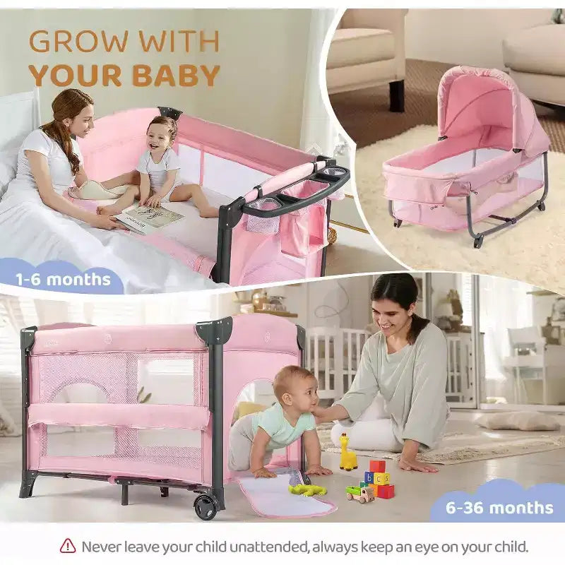 Culla Gemellare JOYMOR per Neonati, Culla Rosa da Comodino, Convertibile in Culla Co-Sleeping e Box, con Ruote, Freno