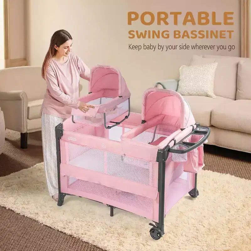 Culla Gemellare JOYMOR per Neonati, Culla Rosa da Comodino, Convertibile in Culla Co-Sleeping e Box, con Ruote, Freno