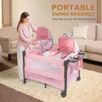 Culla Gemellare JOYMOR per Neonati, Culla Rosa da Comodino, Convertibile in Culla Co-Sleeping e Box, con Ruote, Freno