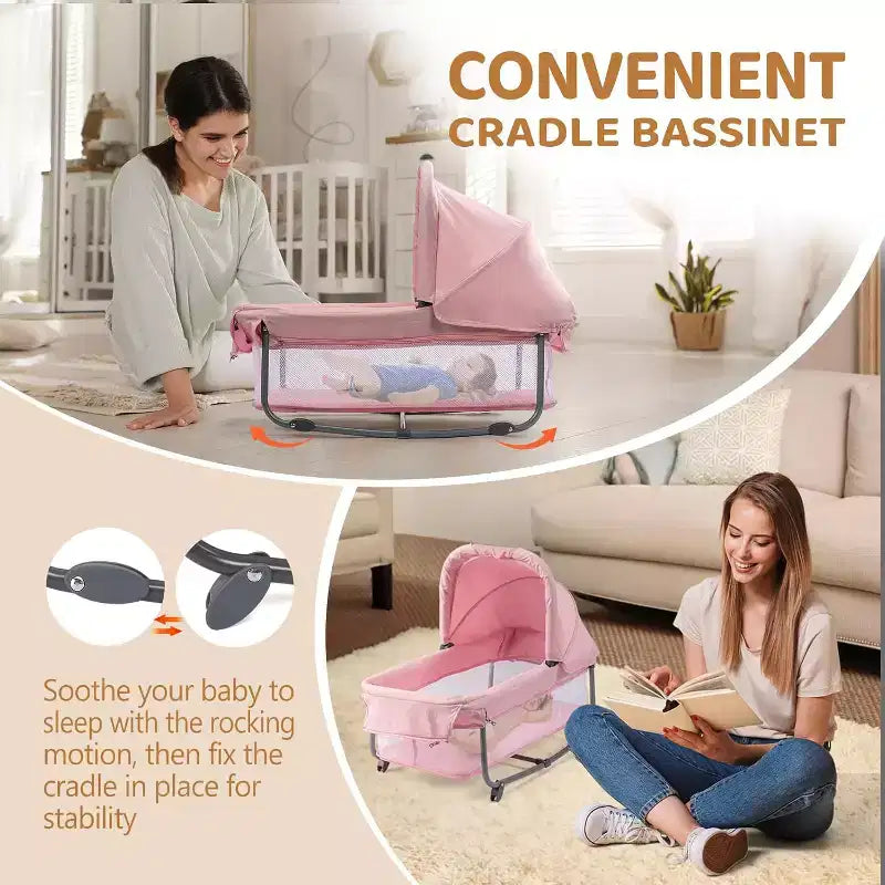 Culla Gemellare JOYMOR per Neonati, Culla Rosa da Comodino, Convertibile in Culla Co-Sleeping e Box, con Ruote, Freno