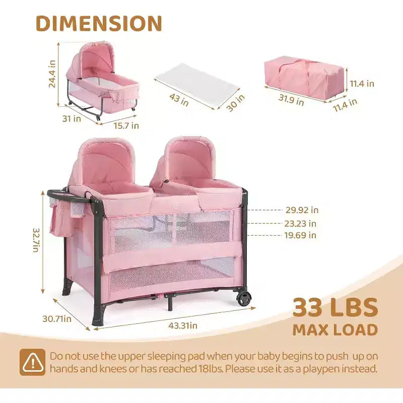 Culla Gemellare JOYMOR per Neonati, Culla Rosa da Comodino, Convertibile in Culla Co-Sleeping e Box, con Ruote, Freno