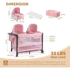 Culla Gemellare JOYMOR per Neonati, Culla Rosa da Comodino, Convertibile in Culla Co-Sleeping e Box, con Ruote, Freno