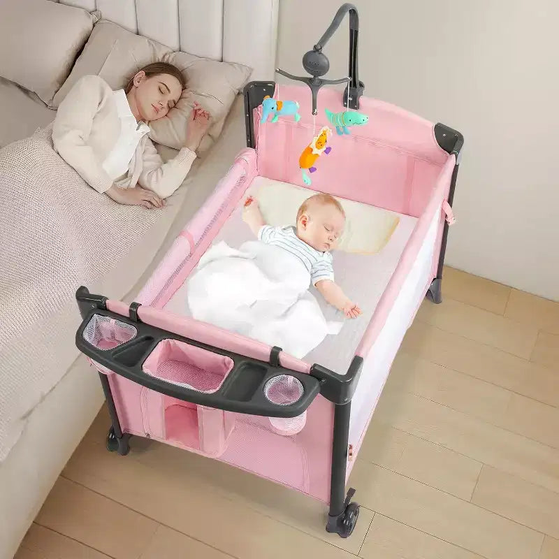 Culla Gemellare JOYMOR per Neonati, Culla Rosa da Comodino, Convertibile in Culla Co-Sleeping e Box, con Ruote, Freno