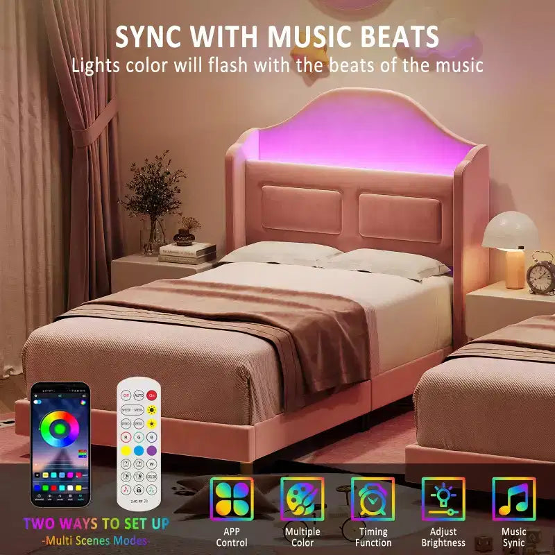 Struttura Letto Singolo con Testiera Contenitore e Luci LED, Letto Imbottito in Velluto per Bambini, Nessuna Rete a Molle Necessaria, Robusta Struttura in Metallo e Legno