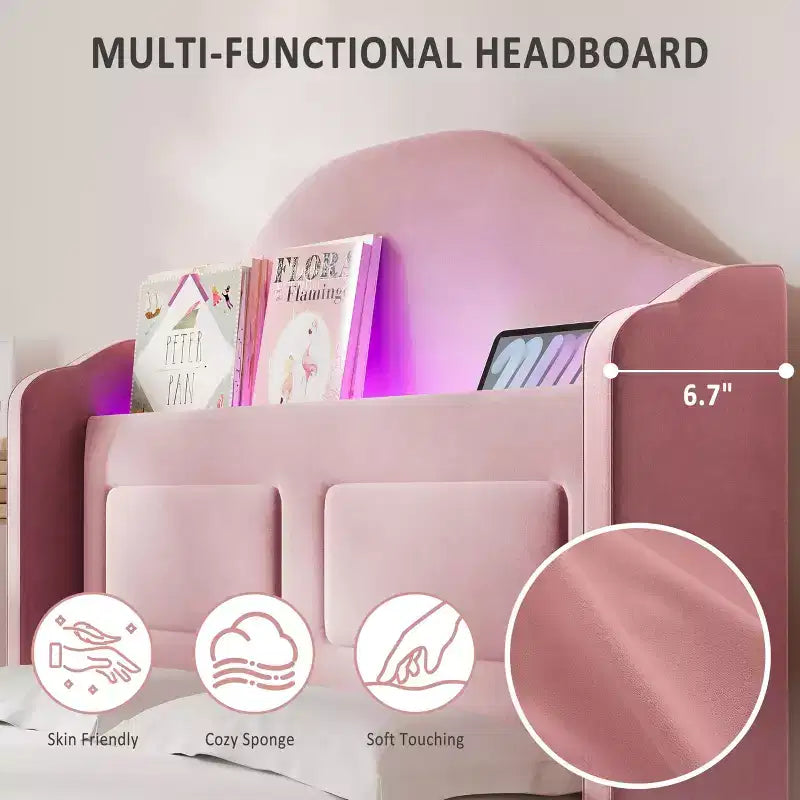 Struttura Letto Singolo con Testiera Contenitore e Luci LED, Letto Imbottito in Velluto per Bambini, Nessuna Rete a Molle Necessaria, Robusta Struttura in Metallo e Legno
